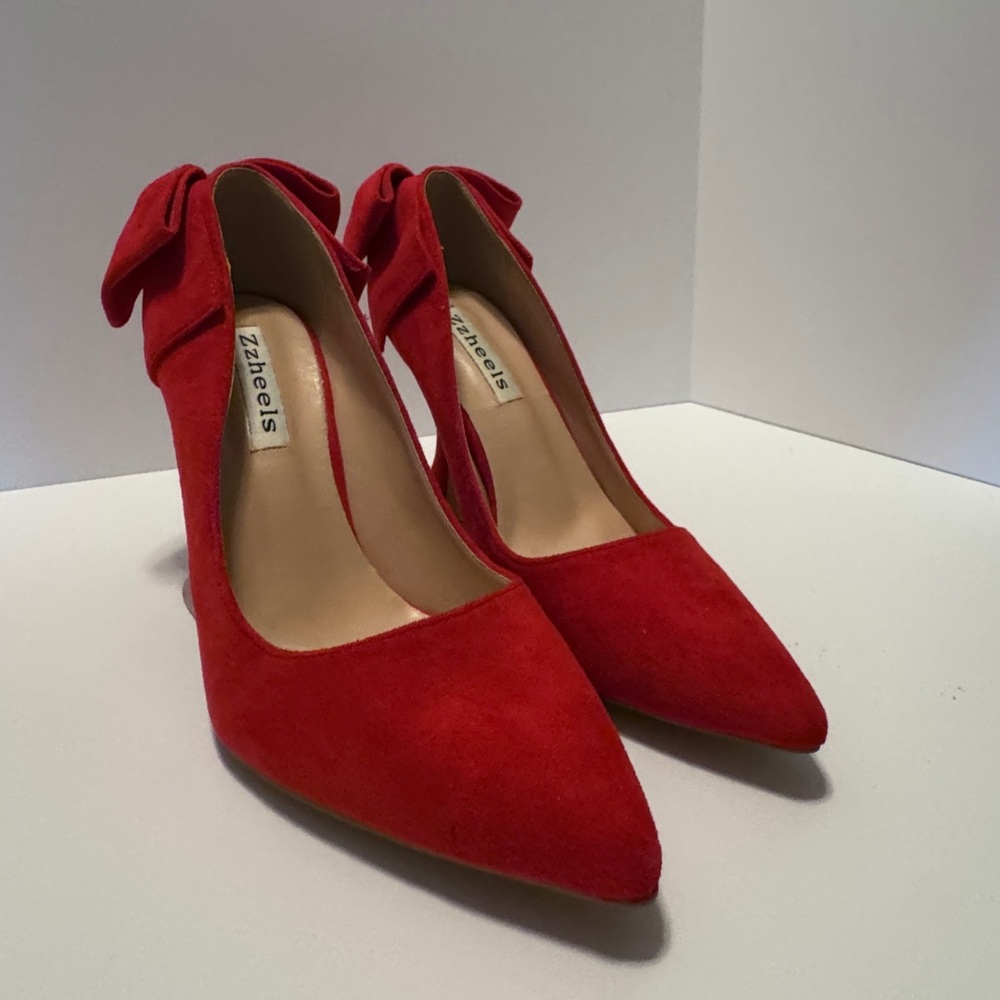 Red Suede Bow Heels